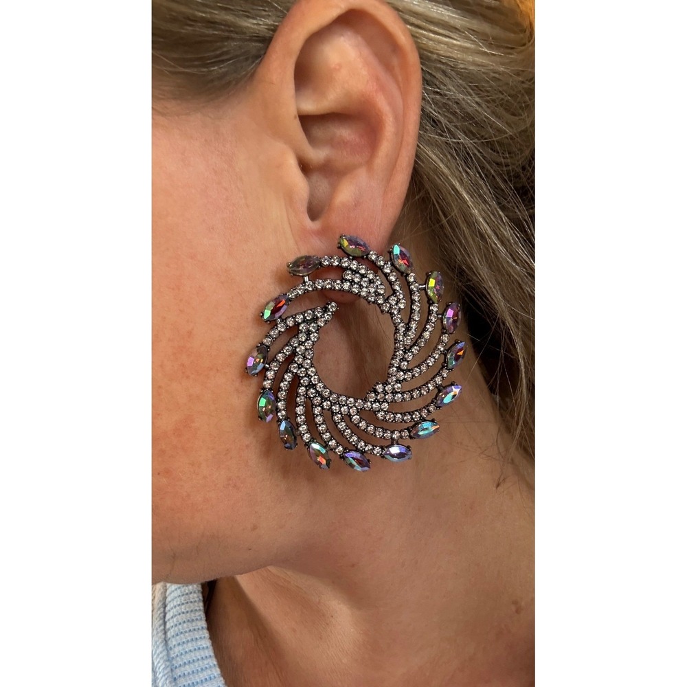Oversized Silver Iridescent Crystal Rhinestone Swirl Spiral Statement Earrings